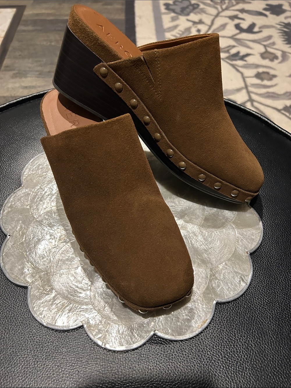 AEROSOLES Chestnut Cow Suede Studded Clog Mules